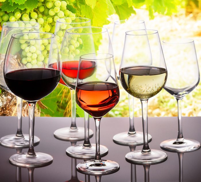 Wine tasting in wine yard, set of glasses with red, white and rose wine, bright green grapevine in background